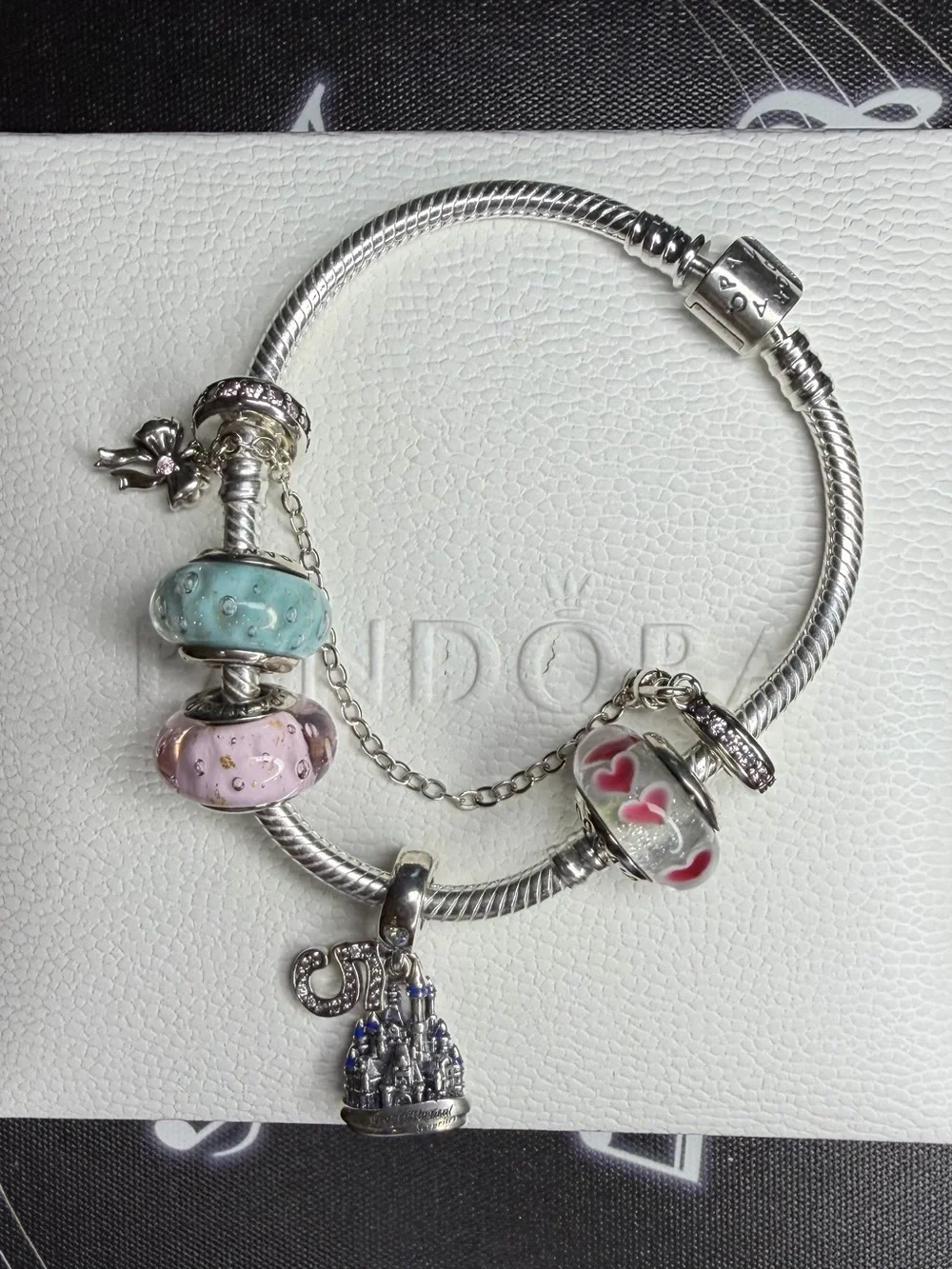 Pandora Silver Charm Bracelet with Pastel Glass and Castle Dangle